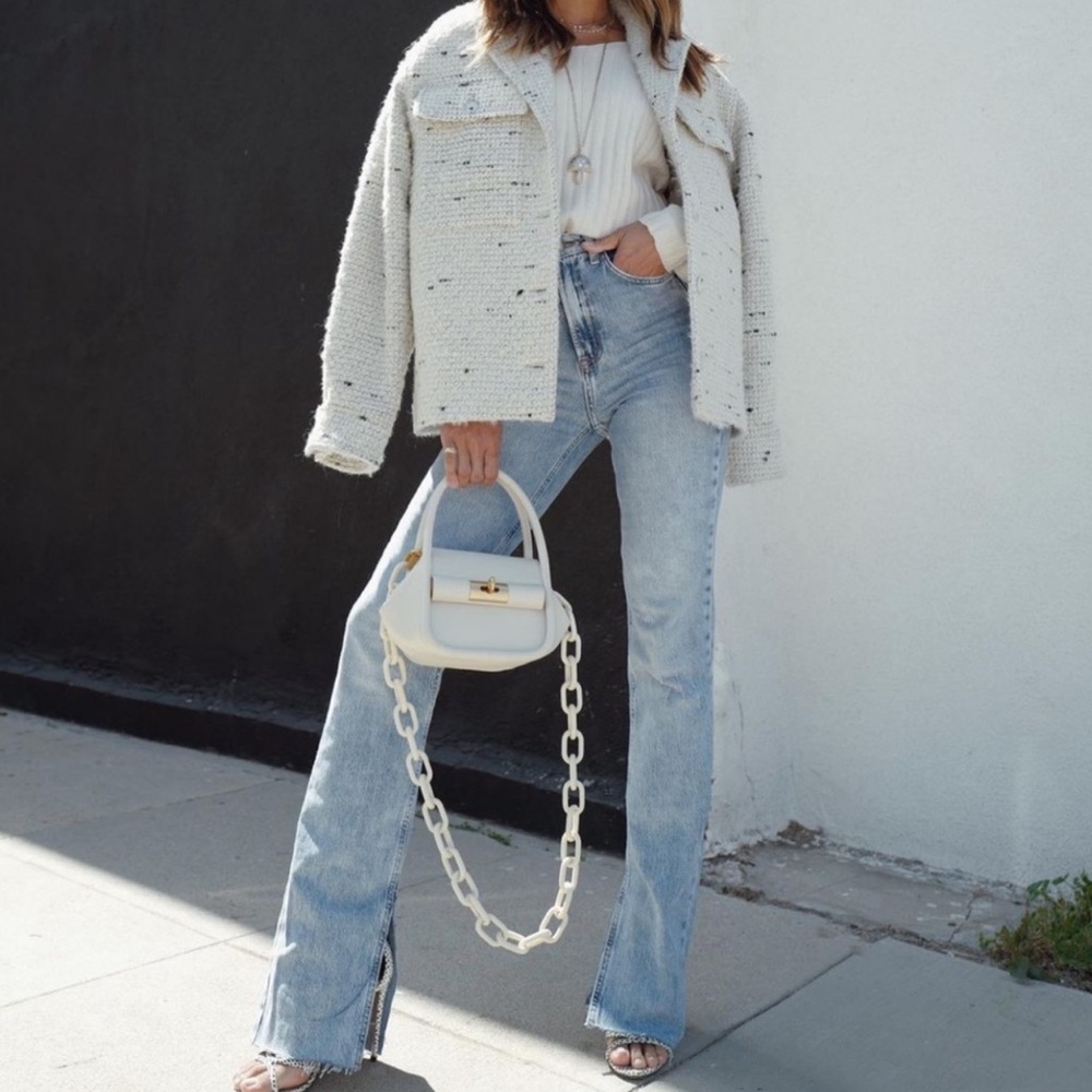 ZARA Jeans Full Length Slit Ankle Super High-Rise Distressed Jeans Light Wash
